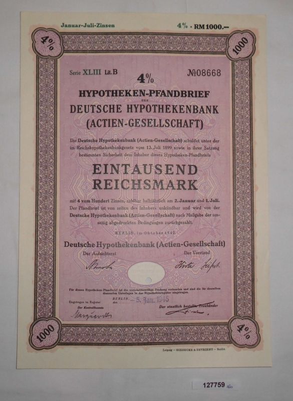 1000 Reichsmark Pfandbrief Deutsche Hypothekenbank Ag Berlin 1942 Ebay