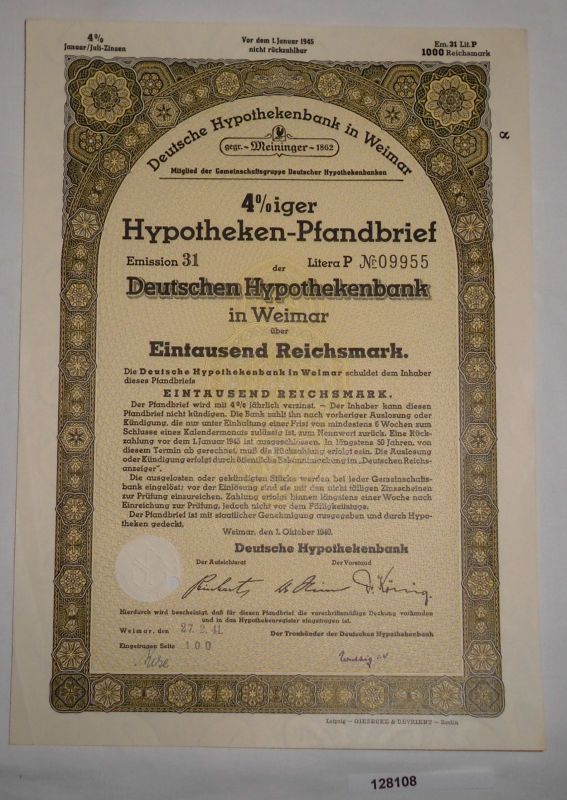 1000 Rm Pfandbrief Deutsche Hypothekenbank Weimar 1 Oktober 1940 Ebay